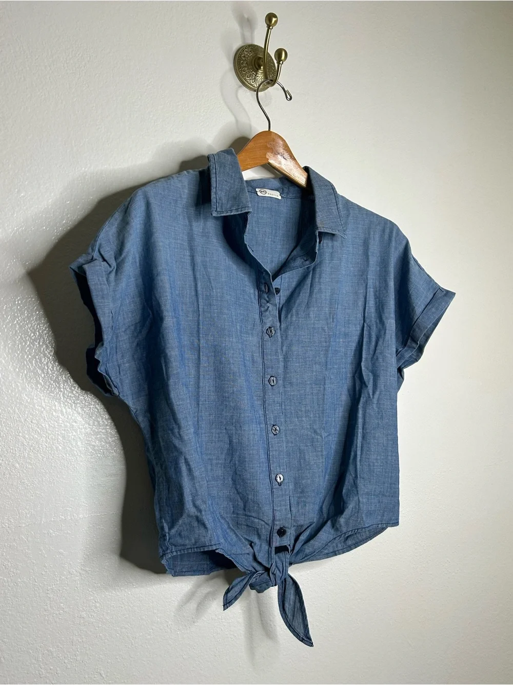 AG 100% Cotton Denim Chambray Button Down Tie Front Short Sleeve Boxy Blouse Top